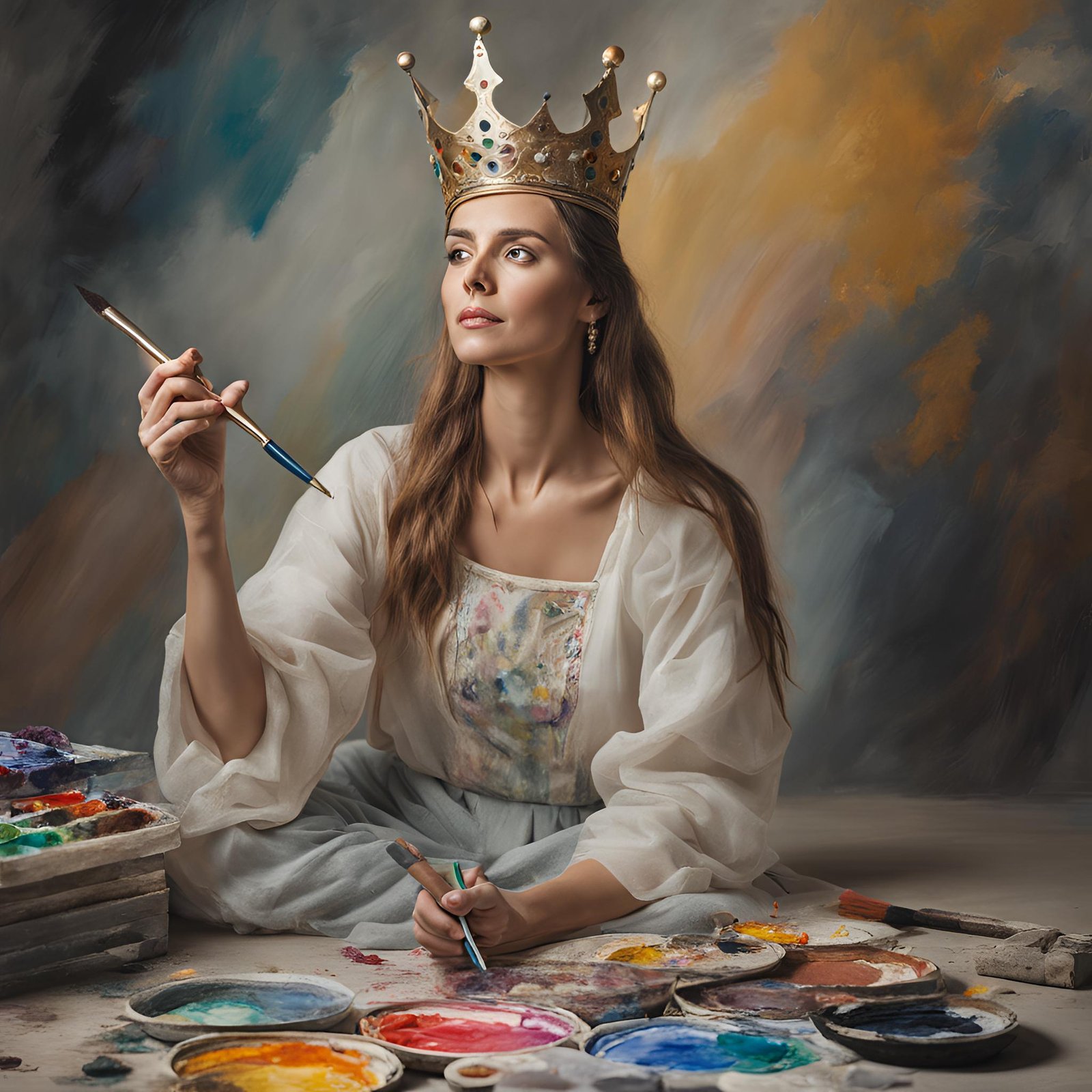 امرأة عليها تاج تنظر للاعلى وممسكة بقلم وفرشاة رسم والوان وترسم لوحة .jpeg